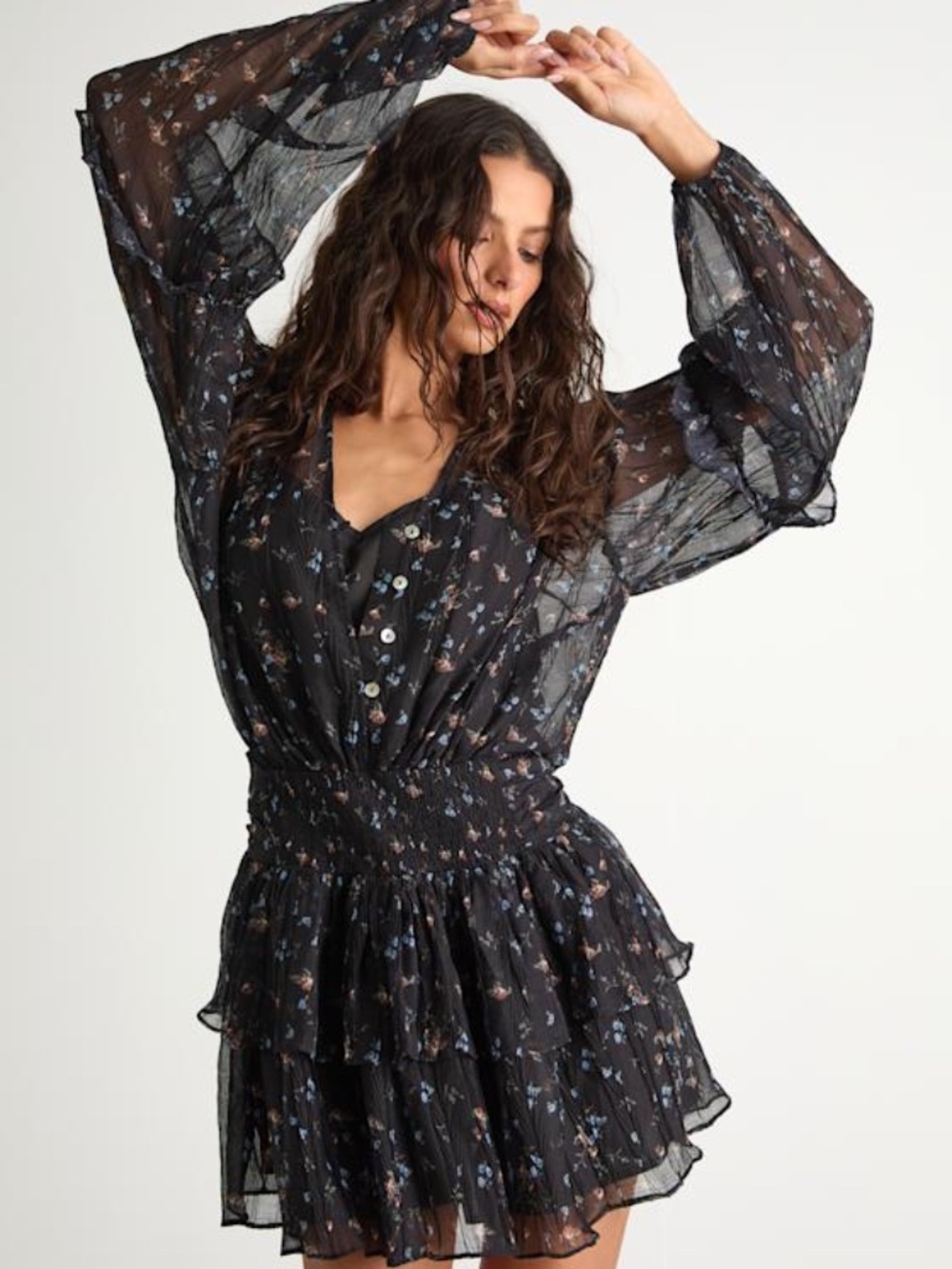 Lulus Christy Black Floral Button-front Long Sleeve Mini Dress - Size XL